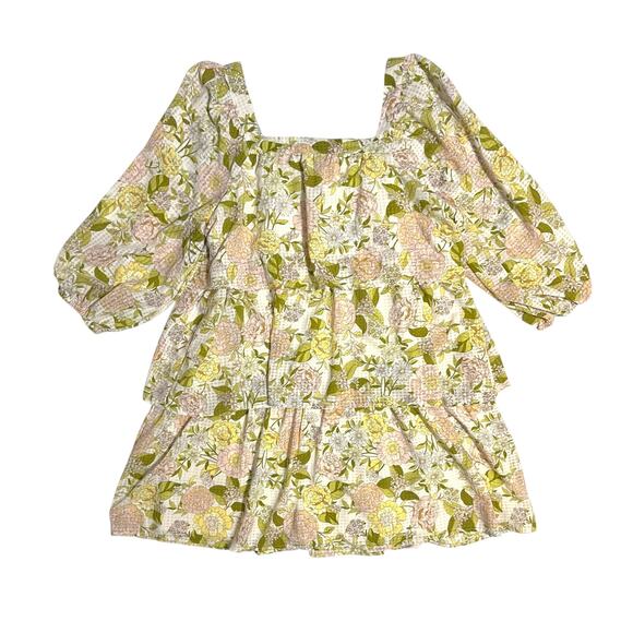 Who What Wear Floral Tier Layer Dress 3/4 Balloon Puff Sleeve Green Pink Large - Picture 4 of 9